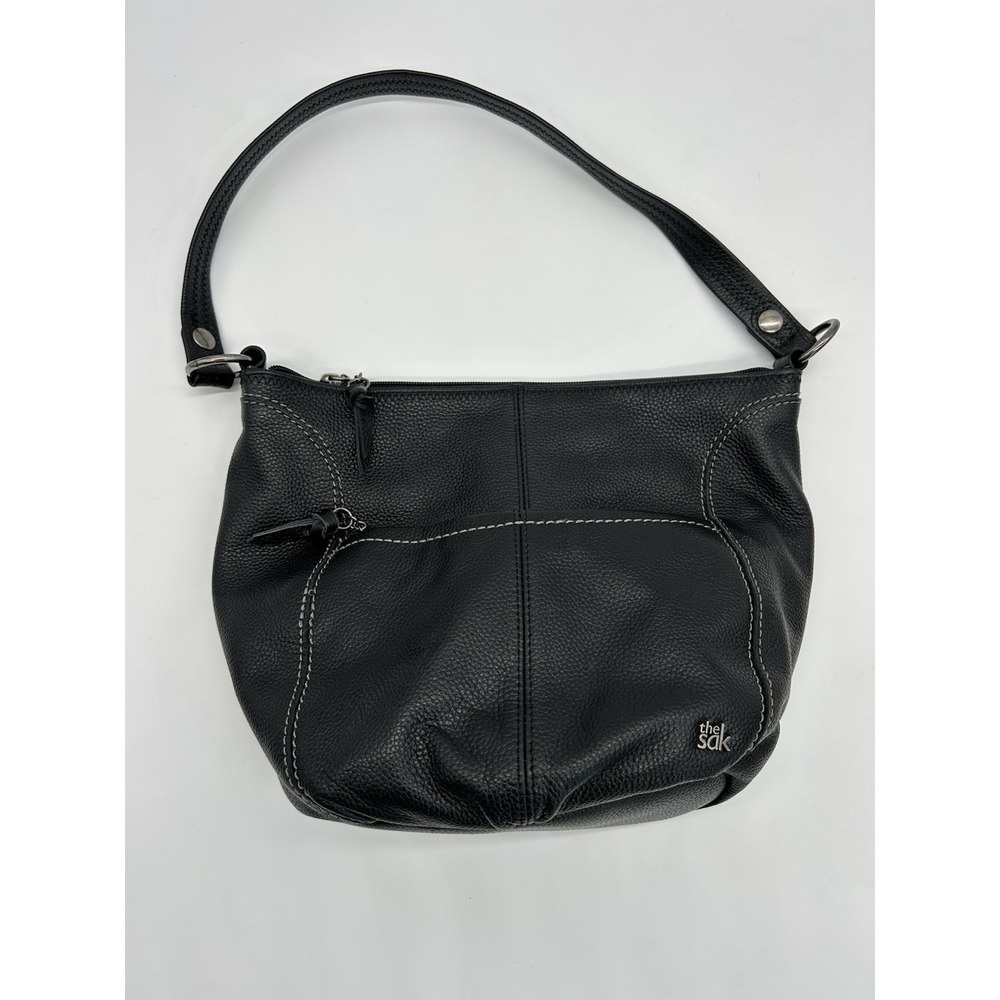 The Sak Black Leather Hobo Bag Shoulder Purse Pebbled Stitch‎ Slouchy Medium